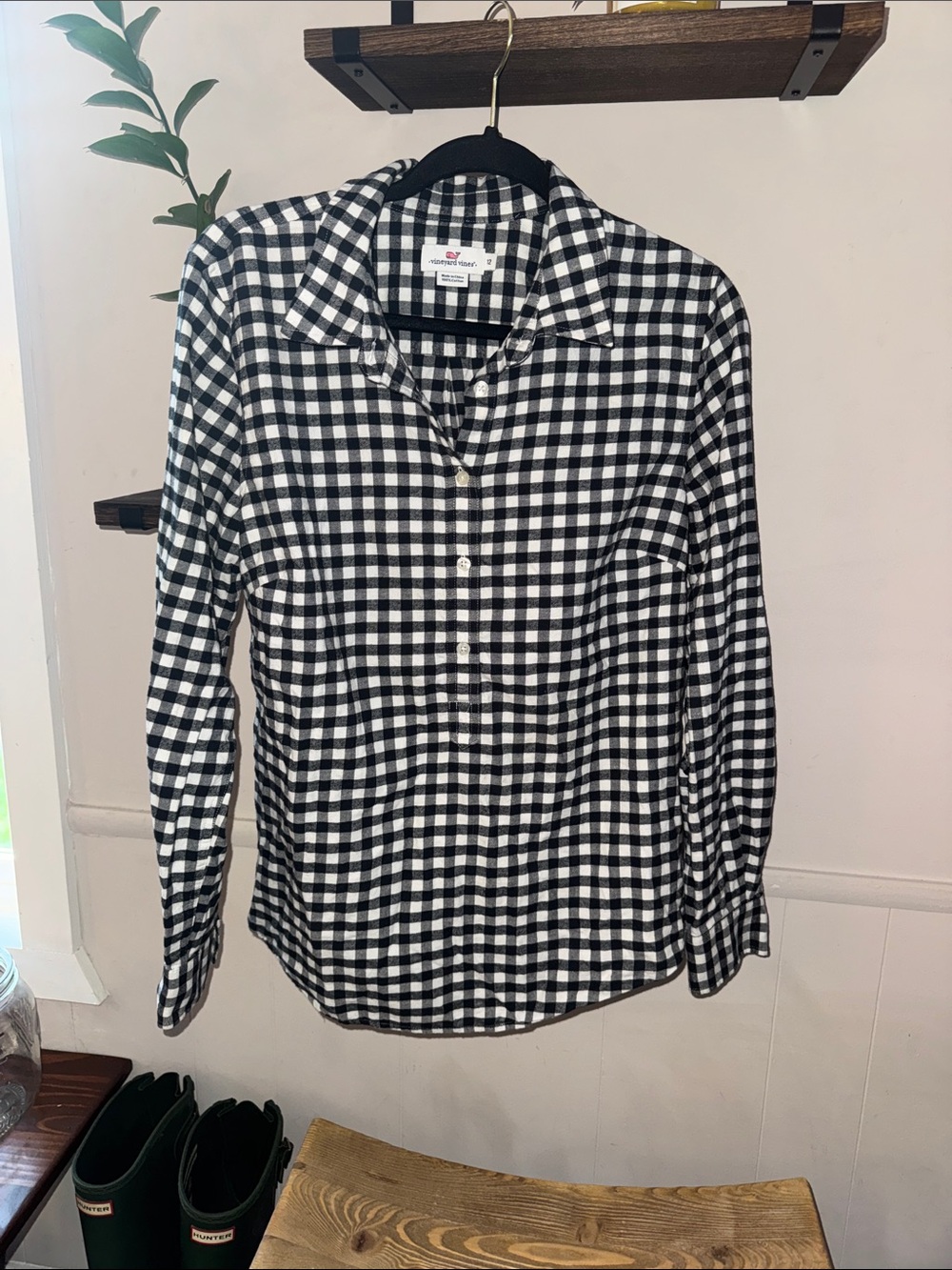 Vineyard Vines Black & White Gingham 1/2 Button-Front Women’s Shirt Size 12